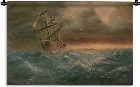 Wandkleed Zeilschepen Illustratie - Illustratie van een zeilschip op de golven bij zonsondergang Wandkleed katoen 90x60 cm - Wandtapijt met foto