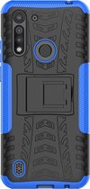 Motorola Moto G8 Power Lite Hoesje - Mobigear - Tire Serie - Hard Kunststof Backcover - Zwart / Blauw - Hoesje Geschikt Voor Motorola Moto G8 Power Lite