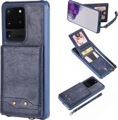 Voor Galaxy S20 Ultra Vertical Flip schokbestendig lederen beschermhoes met kort touw, ondersteuningskaartsleuven en beugel & fotohouder en portemonnee functie (blauw)