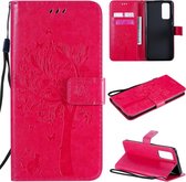 Voor Huawei Honor 30 Pro Tree & Cat reliÃ«fpatroon Horizontale flip lederen tas met houder & kaartsleuven & portemonnee & lanyard (rose rood)