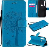 Voor Motorola Moto G Power Tree & Cat ReliÃ«fpatroon Horizontale Flip Leren Case met Houder & Kaartsleuven & Portemonnee & Lanyard (Blauw)