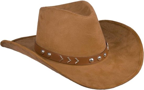 Bruine cowboyhoed met suède look, gedetailleerd met zilverkleurige studs en chevron-stiksels.