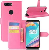 Voor OnePlus 5T Litchi Texture Horizontale Flip PU lederen hoes met houder & kaartsleuven & portemonnee (magenta)