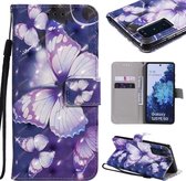 Voor Samsung Galaxy S20 FE 3D schilderij horizontale flip lederen tas met houder & kaartsleuf & lanyard (paarse vlinders)