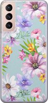 Samsung Galaxy S21 siliconen hoesje - Mint bloemen - Soft Case Telefoonhoesje - Blauw - Bloemen
