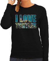 Tekst sweater I love turtles met dieren foto van een schildpad zwart voor dames - cadeau trui zeeschildpadden liefhebber 2XL