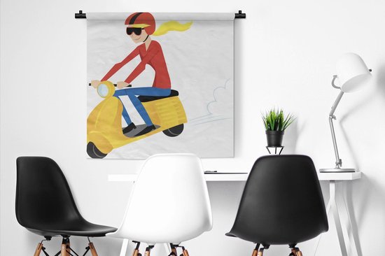 Tapisserie illustration Vespa - Illustration d'une fille sur une Vespa jaune Tapisserie coton 90x90 cm - Tapisserie avec photo