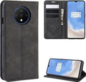 Voor OnePlus 7T Retro-skin Business Magnetische Suction Leather Case met Purse-Bracket-Chuck (Black)