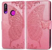 Butterfly Love Flowers reliÃ«f horizontaal flip lederen hoesje voor LG W30 met houder & kaartsleuven & portemonnee & lanyard (roze)