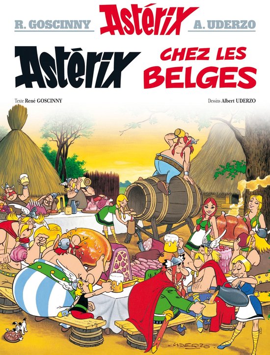 De cover van het Asterix-stripboek 'Asterix chez les Belges', met veel personages aan een feestmaal met eten en drinken.