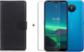 Nokia 1.4 wallet agenda hoesje zwart + glas screenprotector