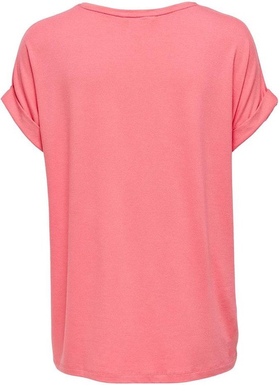 Achterkant van een roze dames T-shirt met korte omgeslagen mouwen.