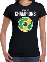 Brazilie WK supporter t-shirt - we are the champions met Braziliaanse voetbal - zwart - dames - kleding / shirt L