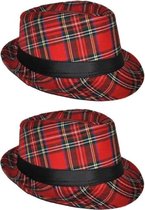 2x stuks al Capone model verkleed hoed Schotse ruit rood - Carnaval hoeden/hoedjes voor volwassenen