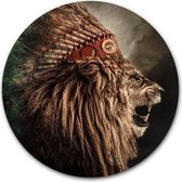 Wandcirkel Native Lion op hout - WallCatcher | Multiplex 40 cm rond | Houten muurcirkel Leeuw met indianentooi