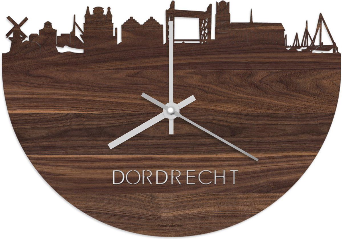 Skyline Klok Dordrecht Notenhout - Ø 40 cm - Stil uurwerk - Wanddecoratie - Meer steden beschikbaar - Woonkamer idee - Woondecoratie - City Art - Steden kunst - Cadeau voor hem - Cadeau voor haar - Jubileum - Trouwerij - Housewarming - WoodWideCities