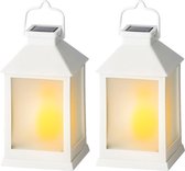 2x stuks solar lantaarn kunststof wit met vlam effect 18 cm - Tuinlantaarns - Solarverlichting - Tuiverlichting