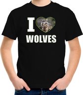 I love wolves t-shirt met dieren foto van een wolf zwart voor kinderen - cadeau shirt wolven liefhebber S (122-128)