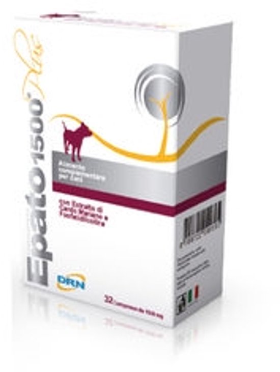 Verpakking Epato 1500 Plus voor honden, met bruine hondafbeelding en tekst in het Italiaans.