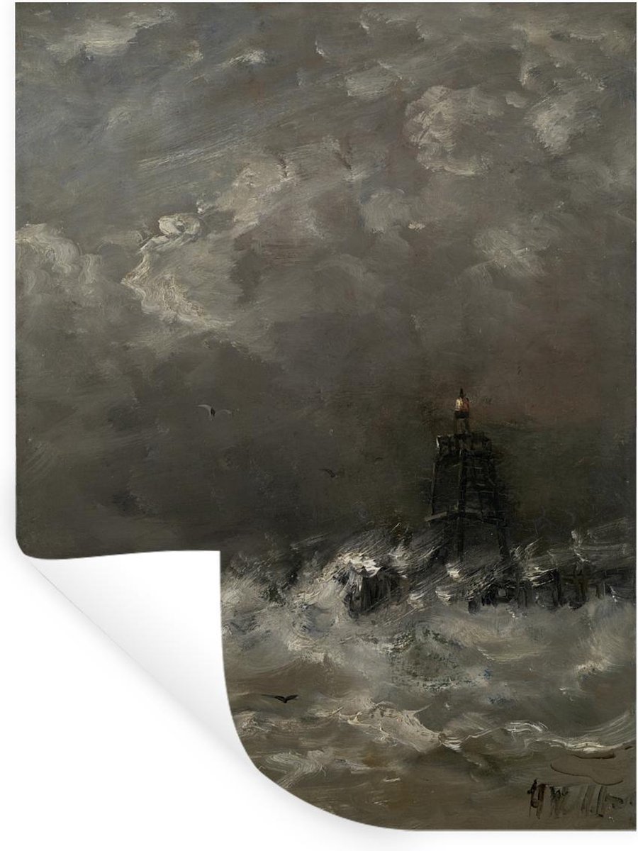 Muurstickers - Vuurtoren in de branding - Schilderij van Hendrik Willem Mesdag - 30x40 cm - Plakfolie - StickerSnake