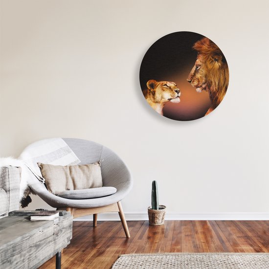 Artaza Forex Cercle Mural Lion et Lionne - Couleur - 70x70 cm - Cercle Mural - Peinture Ronde - Cercle de Décoration murale - Décoration murale