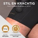 Close-up van zwarte MusclePro massage gun op dijbeen. Icons tonen: 900g gewicht en 4 uur batterijduur. Tekst: Stil en krachtig.