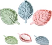 Set van 6 zeepbakjes bladvormig zeepbakje kunststof houd zeep droog en schoon voor badkamer, keuken, doucheruimte, wasruimte (roze, blauw, groen)