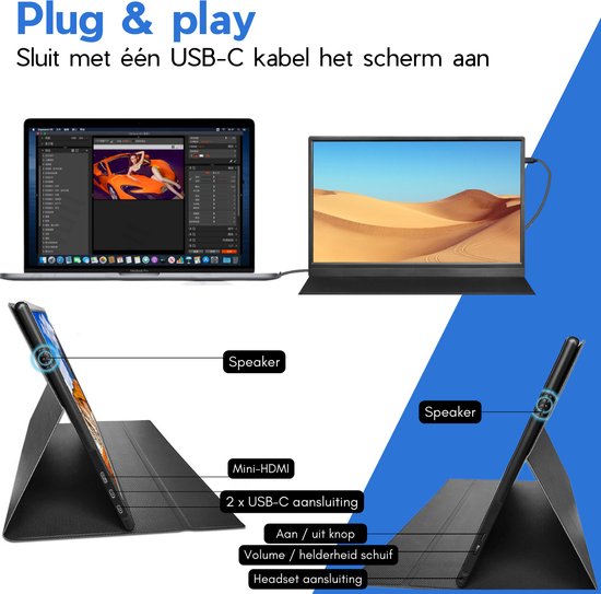 Farfi - Draagbaar beeldscherm 11.6 inch - 1 kabel-model - Plug & Play - Portable monitor - Draagbaar laptop scherm uitbreider met hoes - farfi