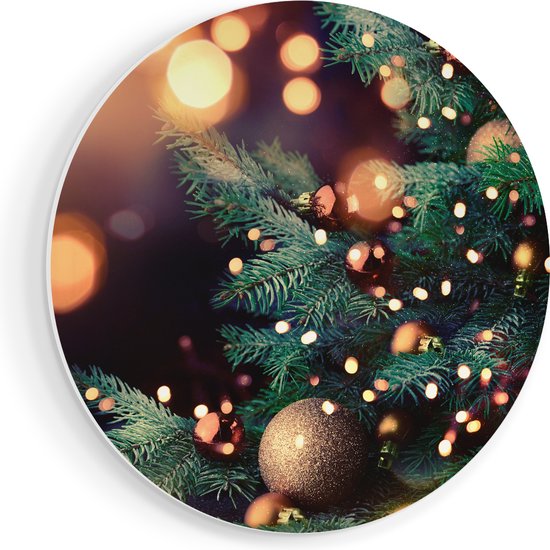 Artaza Forex Muurcirkel Versierde Kerstboom Met Lichtjes - 50x50 cm - Klein - Wandcirkel - Rond Schilderij - Muurdecoratie Cirkel