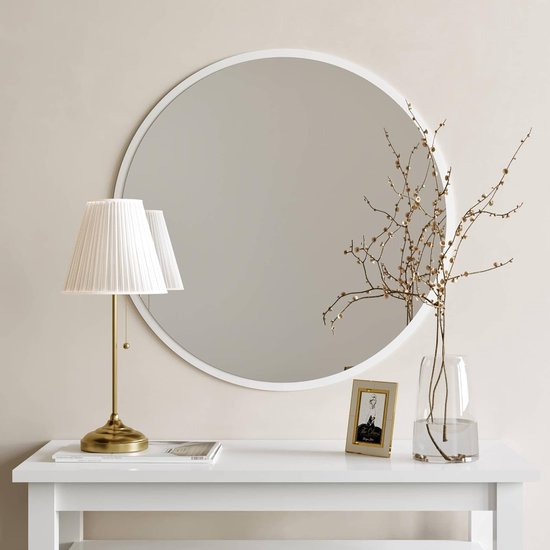 Moderne industriële spiegel Obejo, wit - ronde wandspiegel met houten onderkant en inclusief montagemateriaal - afmetingen 45 x 45 x 2,2 cm - ronde spiegel ideaal als decoratief object