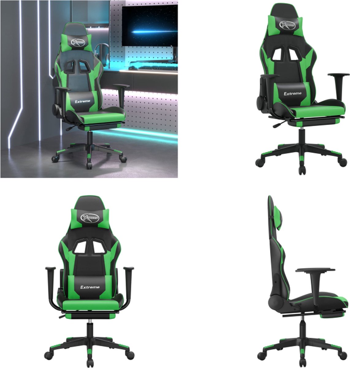 vidaXL Gamestoel met voetensteun kunstleer zwart en groen - Gamingstoel - Gamingstoelen - Televisiestoel - Racingstoel