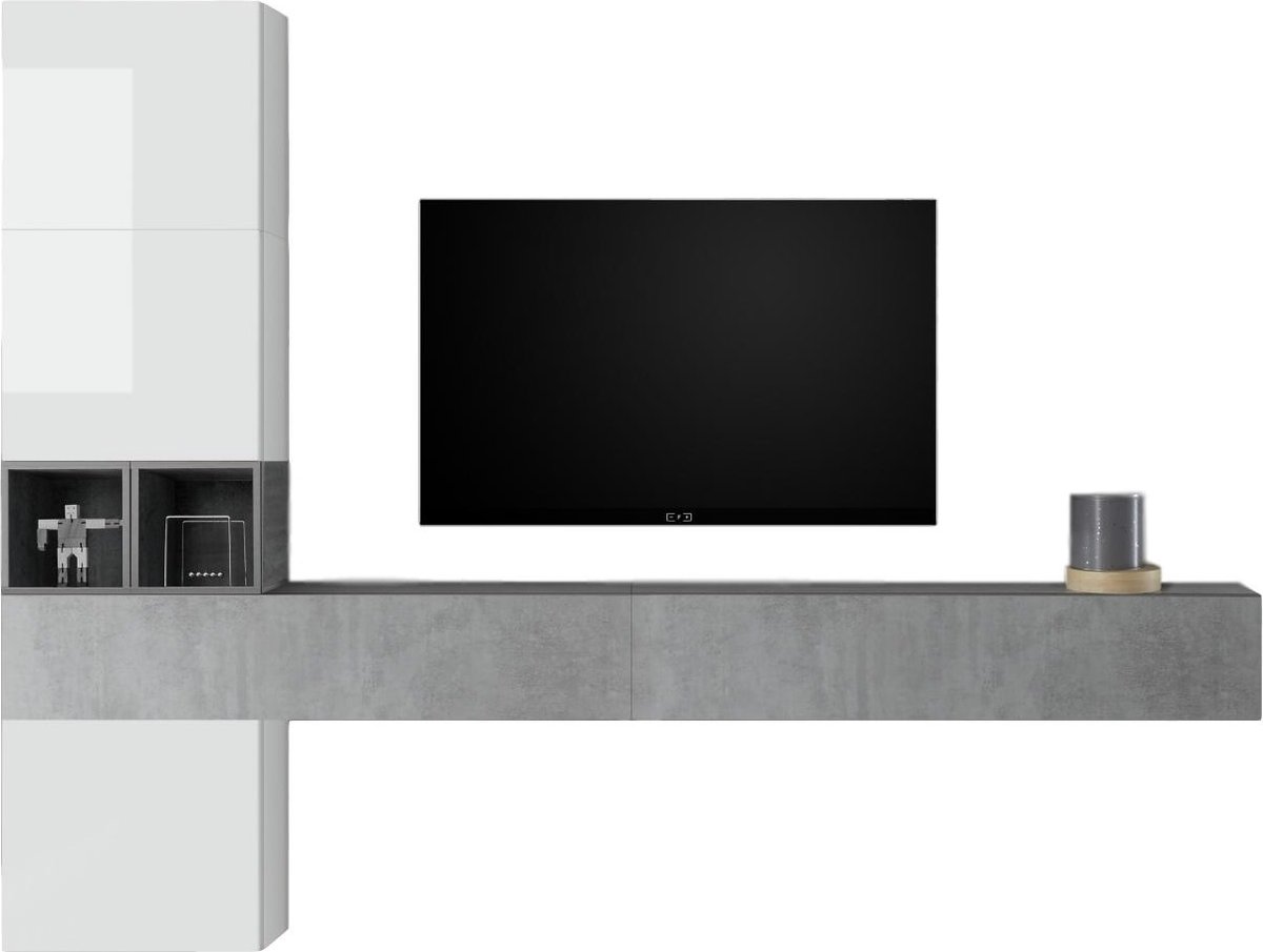 TV-wandmeubel Berlin in hoogglans wit met grijs beton