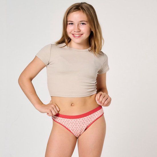 Moodies menstruatie ondergoed (meiden) - Bamboe Bikini onderbroekje print roze - moderate kruisje - roze - maat XXS (140-146) - period underwear