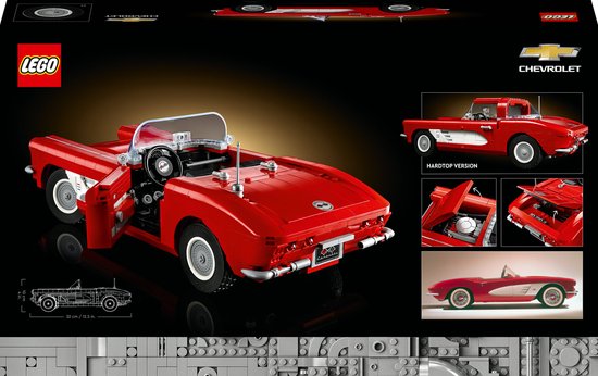 Achterkant van een rode LEGO Chevrolet Corvette cabriolet, met geopende deur, en diverse detailfoto's.