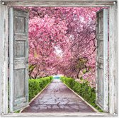 Tuinposter doorkijk - Sakura - Kersenbloesem - Roze - Natuur - Deur - Tuinschilderij voor buiten - Schuttingdoek - Schutting decoratie - 100x100 cm - Tuindoek - Tuindecoratie - Tuin - Tuindecoratie
