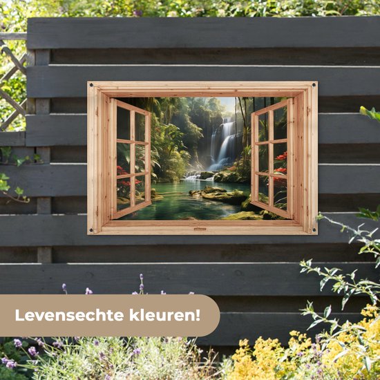 Poster de jardin Cascade - Vue - Jungle - Paysage - Nature - Fenêtre marron clair - 120x80 cm - Toile de jardin - Poster extérieur
