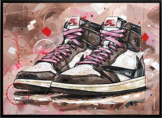 Sneaker print high - pink laces 71x51 cm *ingelijst & gesigneerd