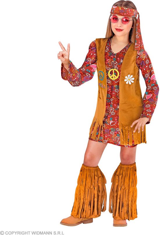 Widmann - Hippie Kostuum - Vredeskind Hippe Hanna - Meisje - Rood, Bruin - Maat 128 - Carnavalskleding - Verkleedkleding