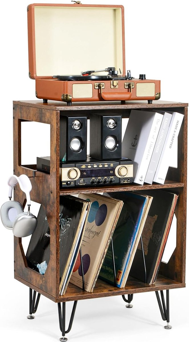 GIANTEX Bijzettafel voor platenspeler met laadstation, nachtkastje met vinyl opbergvakken, voor woonkamer, slaapkamer, bruin