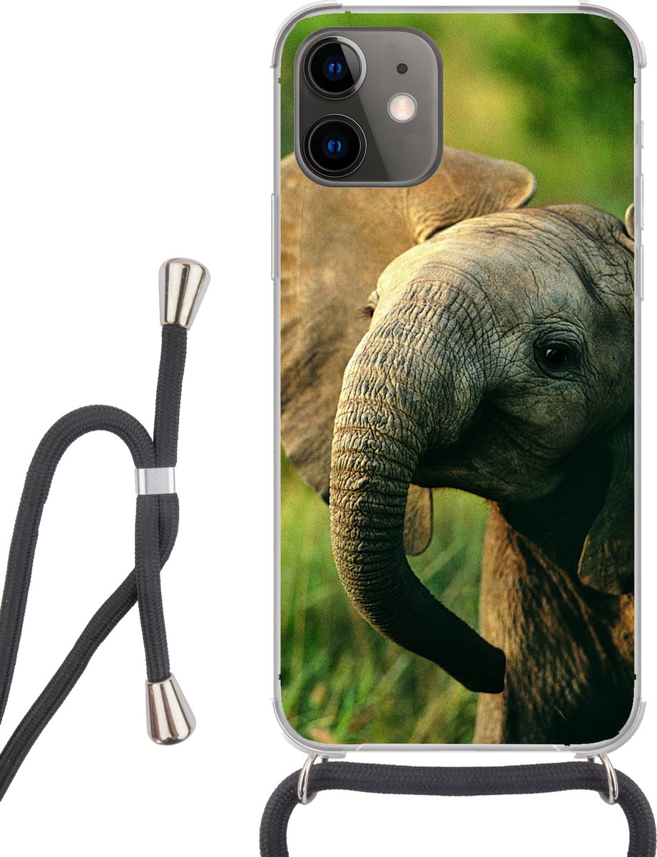 Telefoonhoesje Geschikt voor iPhone 12 - Olifant - Groen - Dieren - Natuur - Siliconen - Crossbody - Backcover met Koord - Telefoonhoesje met koord - Hoesje met touw Telefoonhoesje