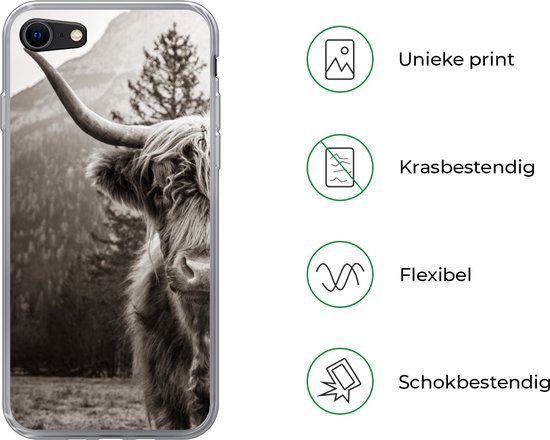 Coque iPhone 7 - Scottish Highlander - Taurus - Zwart - Wit - Siliconen