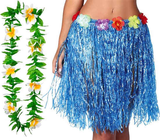 Hawaii verkleed rokje en bloemenkrans - volwassenen - blauw - tropisch themafeest - hoela