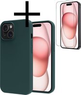 Hoes Geschikt voor iPhone 15 Hoesje Cover Siliconen Back Case Hoes Met Screenprotector - Donkergroen