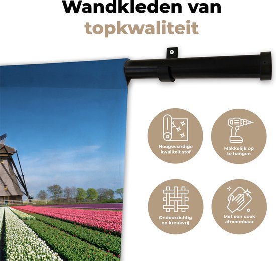Tenture murale Paysages Nederland - Moulin à vent entre les tulipes aux Nederland Tapisserie coton 60x40 cm - Tapisserie murale avec photo