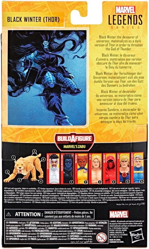 Achterkant van de verpakking van het Black Winter (Thor) actiefiguur, met afbeelding van het personage en "Build a Figure Marvel's Zabu".