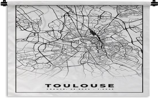 Wandkleed - Wanddoek - Kaart - Stadskaart - Frankrijk - Toulouse - Plattegrond - Zwart wit - 90x60 cm - Wandtapijt
