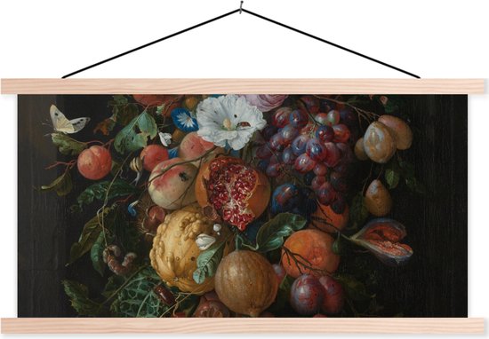 Posterhanger incl. Poster - Schoolplaat - Festoen van vruchten en bloemen - Schilderij van Jan Davidsz. de Heem - 150x75 cm - Blanke latten