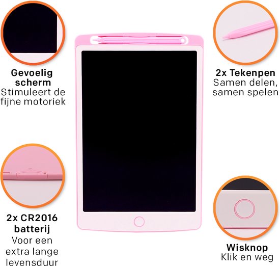 Roze tekentablet met pen, batterijcompartiment en wisknop.