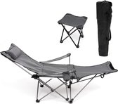 Campingstoel, opvouwbare visstoel, ultralichte stoel, ligstoel met mini-krukken, rugleuning, voetensteun, bekerhouder, opbergtas, zonnestoel, belastbaar tot 130 kg, draagbare stoel van Oxford-weefsel