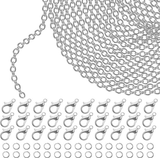 Kurtzy Zilveren Sieraden Maak Ketting Link – 10 m x 2,5 mm Ijzeren Link Kabel, 30 Kreeftklemmen & 30 Springringen – DIY Ketting, Armband, Hanger & Hobby’s voor Mannen & Vrouwen